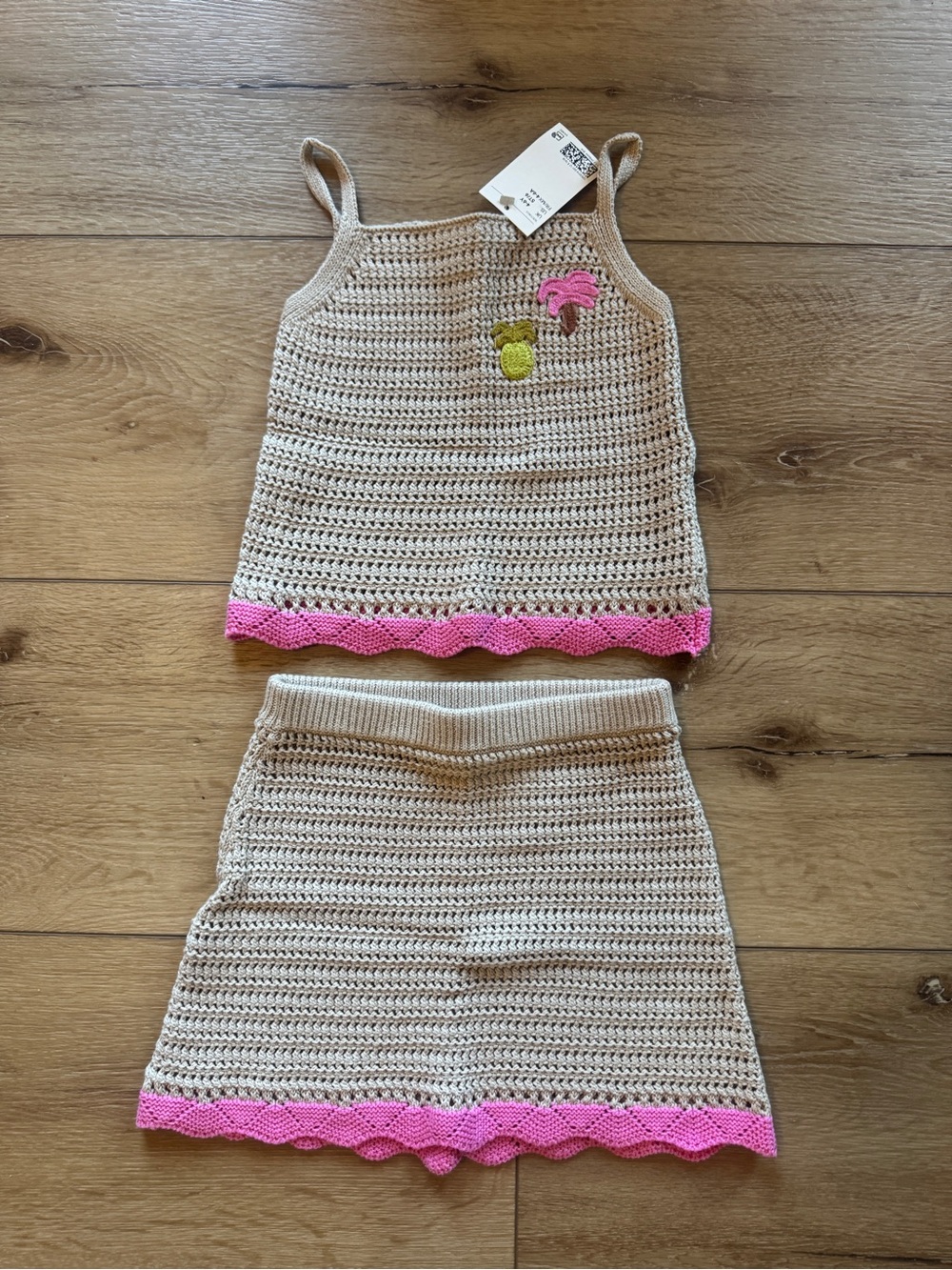 H&M Beige Crochet Two-Piece Set with Pink Trim